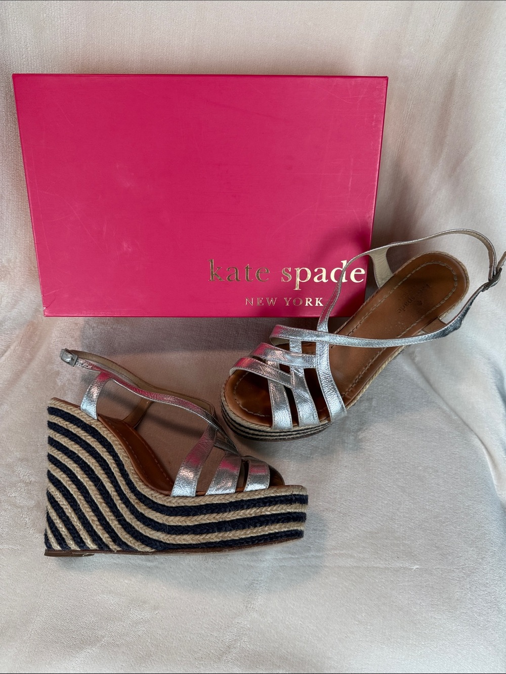 Kate Spade “Lindsay” Silver and Navy Wedge Sandals, Size 9 - with box